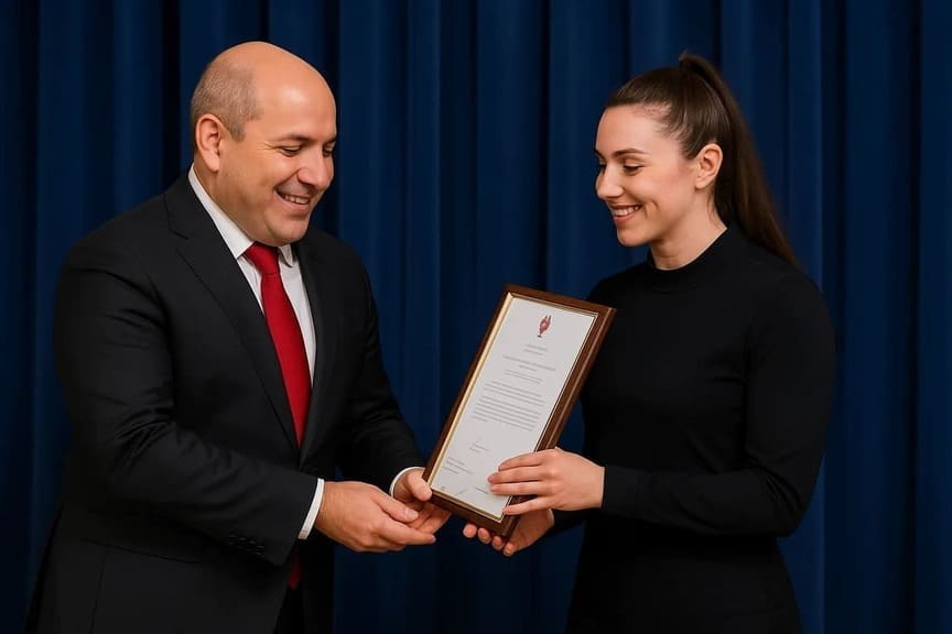 Gabriela recibiendo un premio