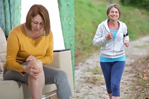 Mujer sufriendo de dolor de rodilla al levantarse